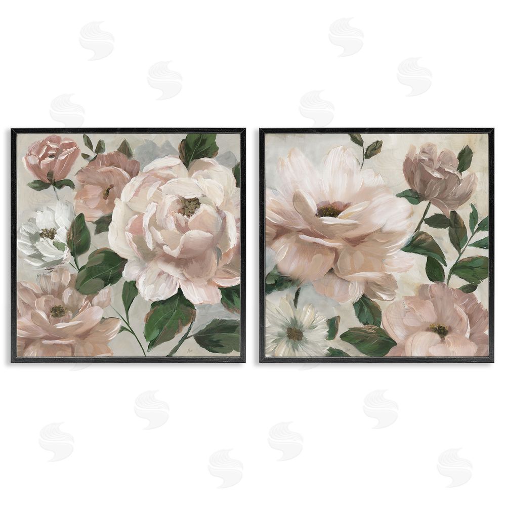 Nan Elegant Blush Peonies & Leaves Black Framed Giclee Wall Art Print