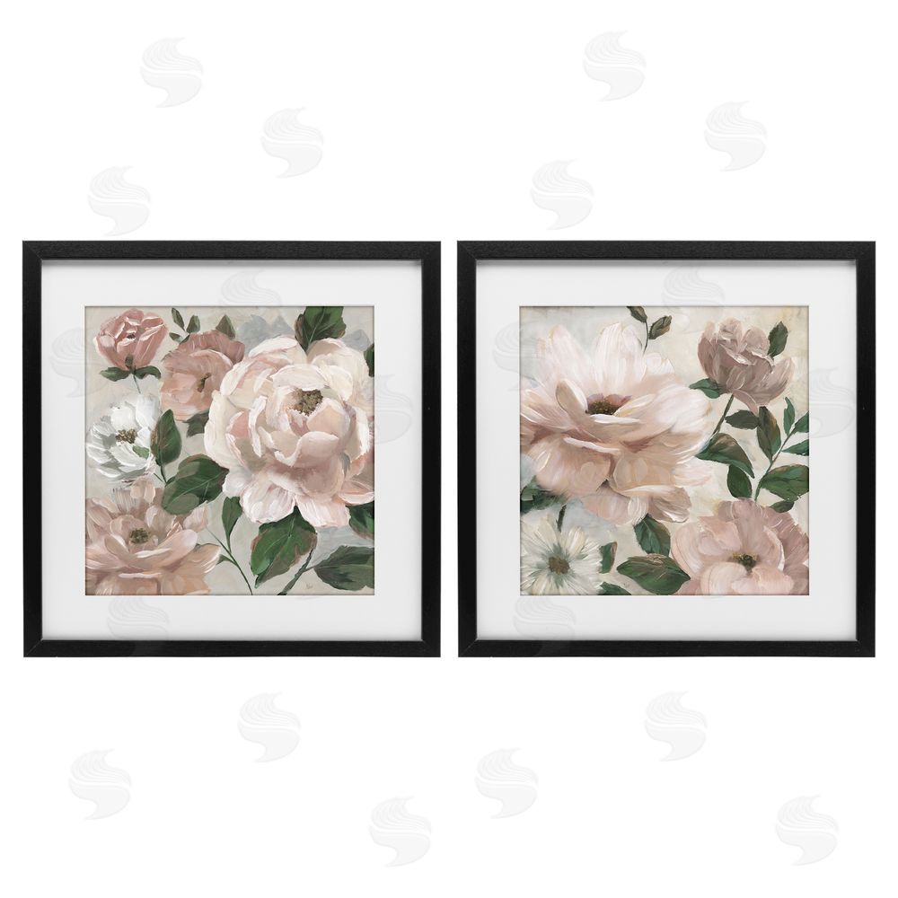 Nan Elegant Blush Peonies & Leaves Black Framed Print Under Glass Wall Art
