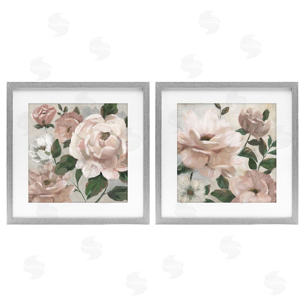 Nan Elegant Blush Peonies & Leaves Gray Framed Print Under Glass Wall Art