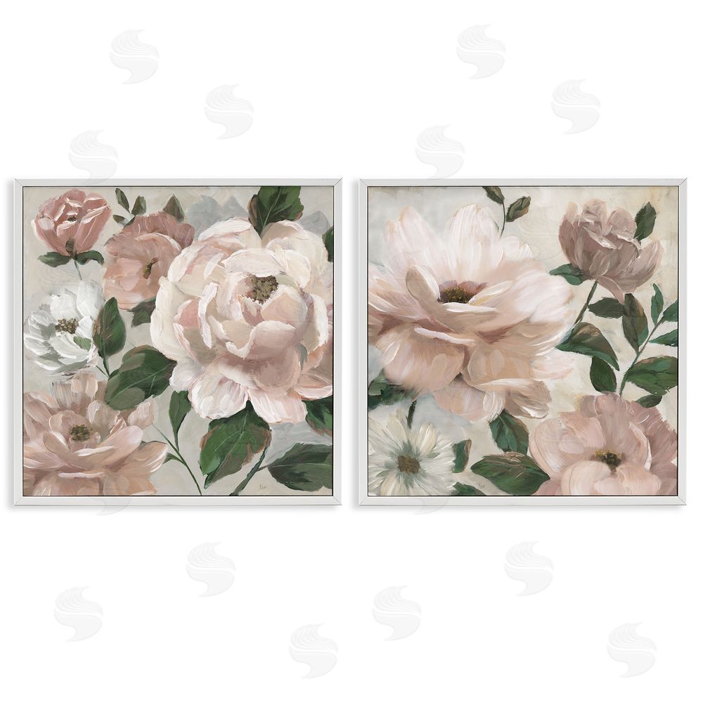 Nan Elegant Blush Peonies & Leaves White Framed Giclee Wall Art Print