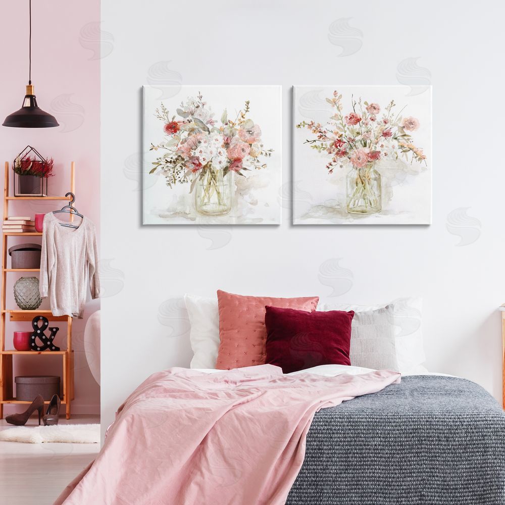Carol Robinson Delicate Watercolor Bouquets in Glass Stretched Cavas Wall Art Set in Room