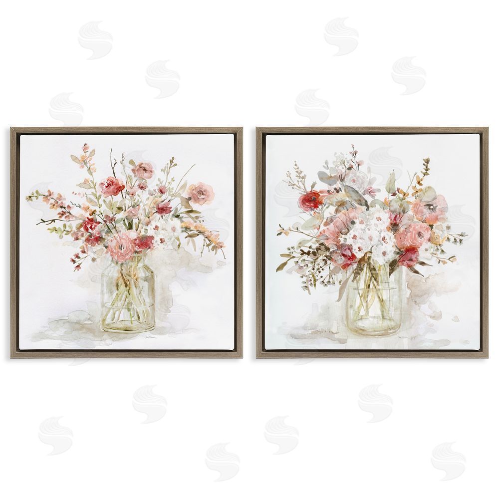 Carol Robinson Delicate Watercolor Bouquets in Glass Brown Floating Frame Canvas Wall Art Print