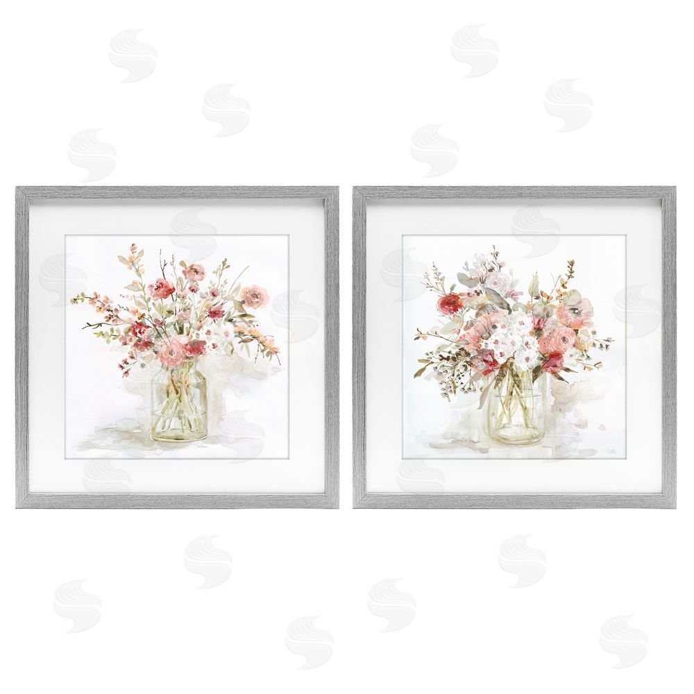Carol Robinson Delicate Watercolor Bouquets in Glass Gray Framed Print Under Glass Wall Art