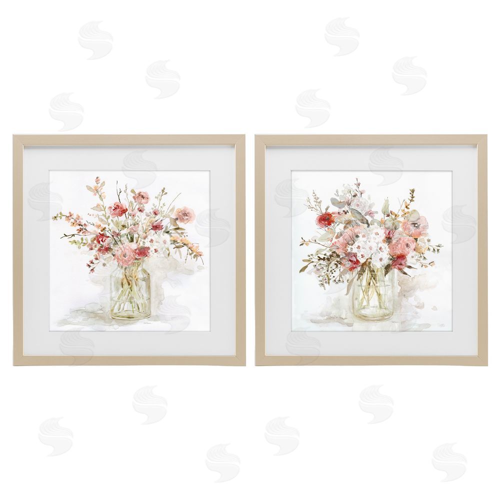 Carol Robinson Delicate Watercolor Bouquets in Glass Brown Framed Print Under Glass Wall Art