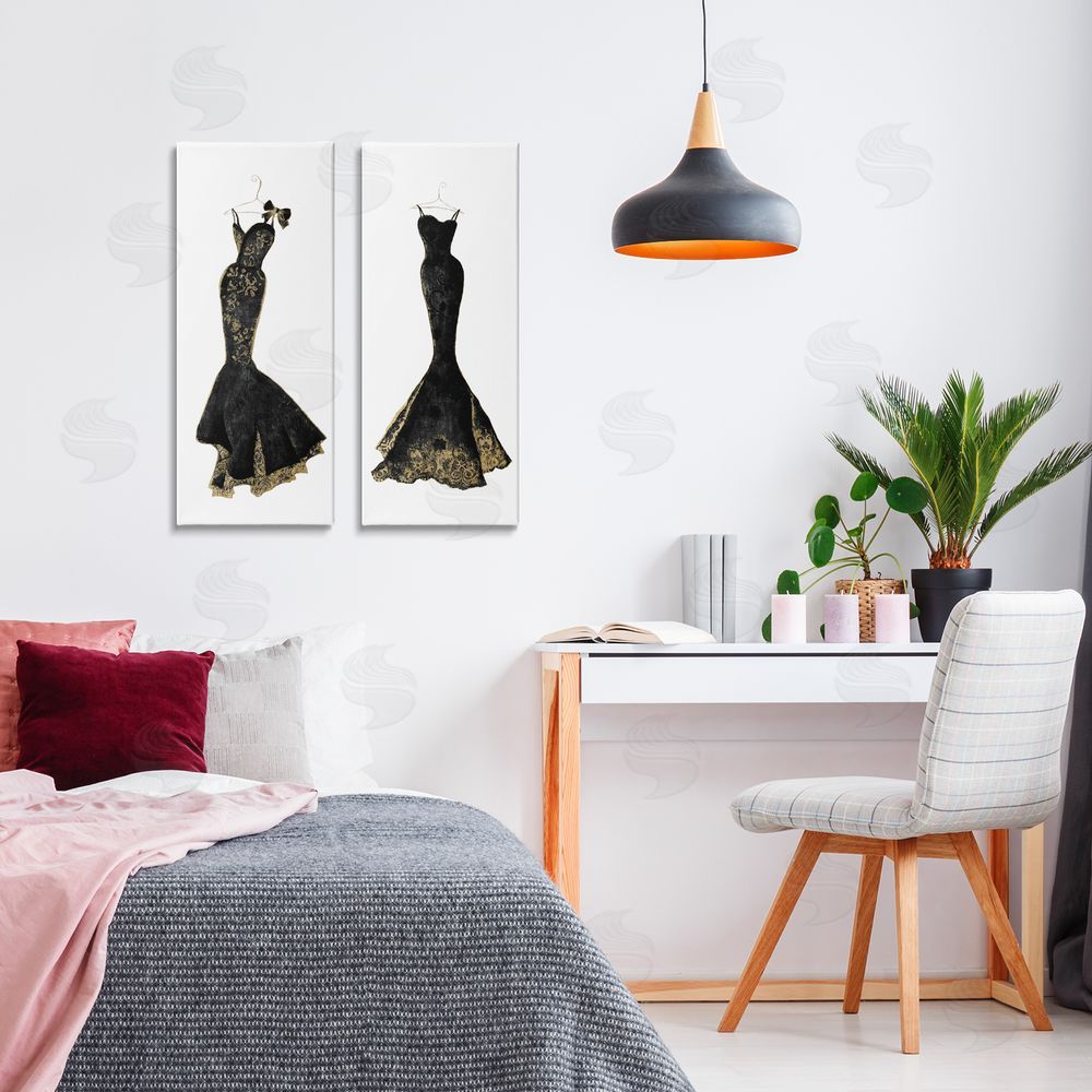 Janet Tava Gilded Black Evening Gowns Stretched Cavas Wall Art Set in Room