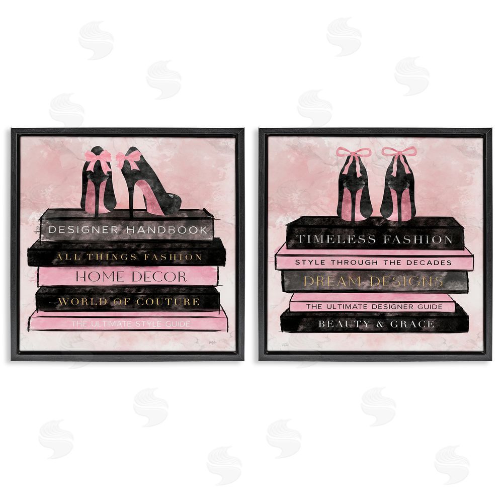 Natalie Carpentieri Pink Heels Atop Books Black Floating Frame Canvas Wall Art Print