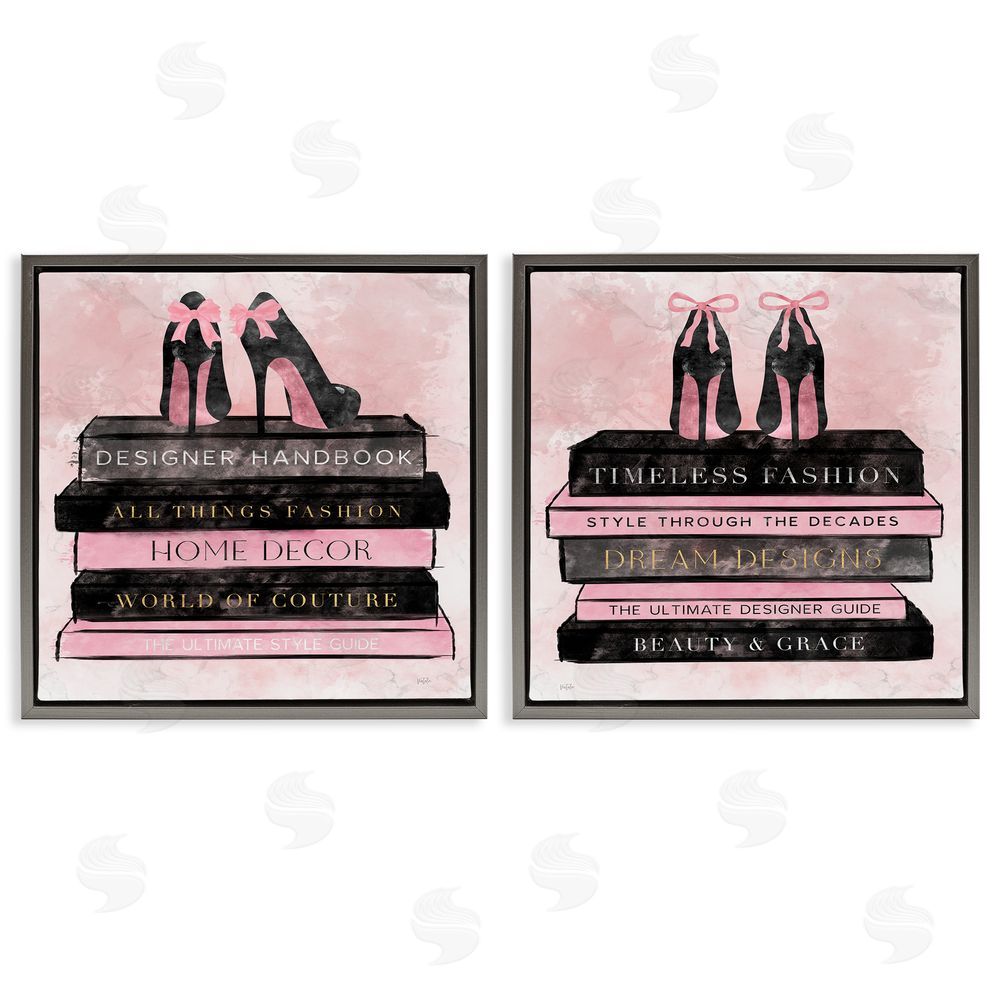 Natalie Carpentieri Pink Heels Atop Books Gray Floating Frame Canvas Wall Art Print