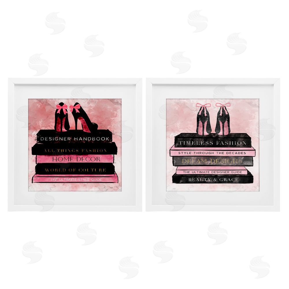 Natalie Carpentieri Pink Heels Atop Books White Framed Print Under Glass Wall Art