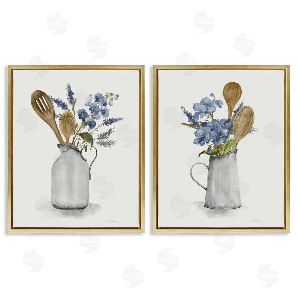 Carol Robinson Kitchen Pitcher Bouquets Gold Floating Frame Canvas Wall Art Print
