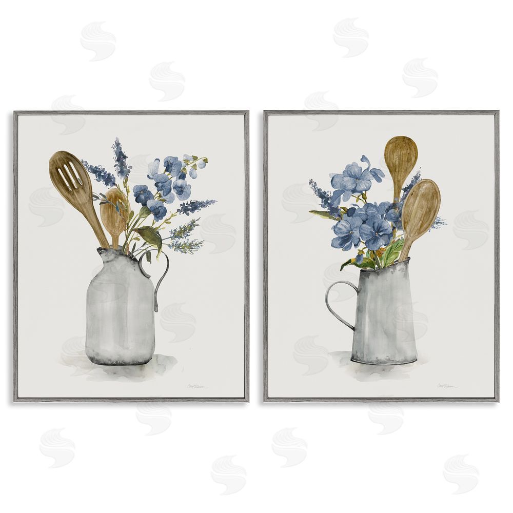 Carol Robinson Kitchen Pitcher Bouquets Gray Framed Giclee Wall Art Print