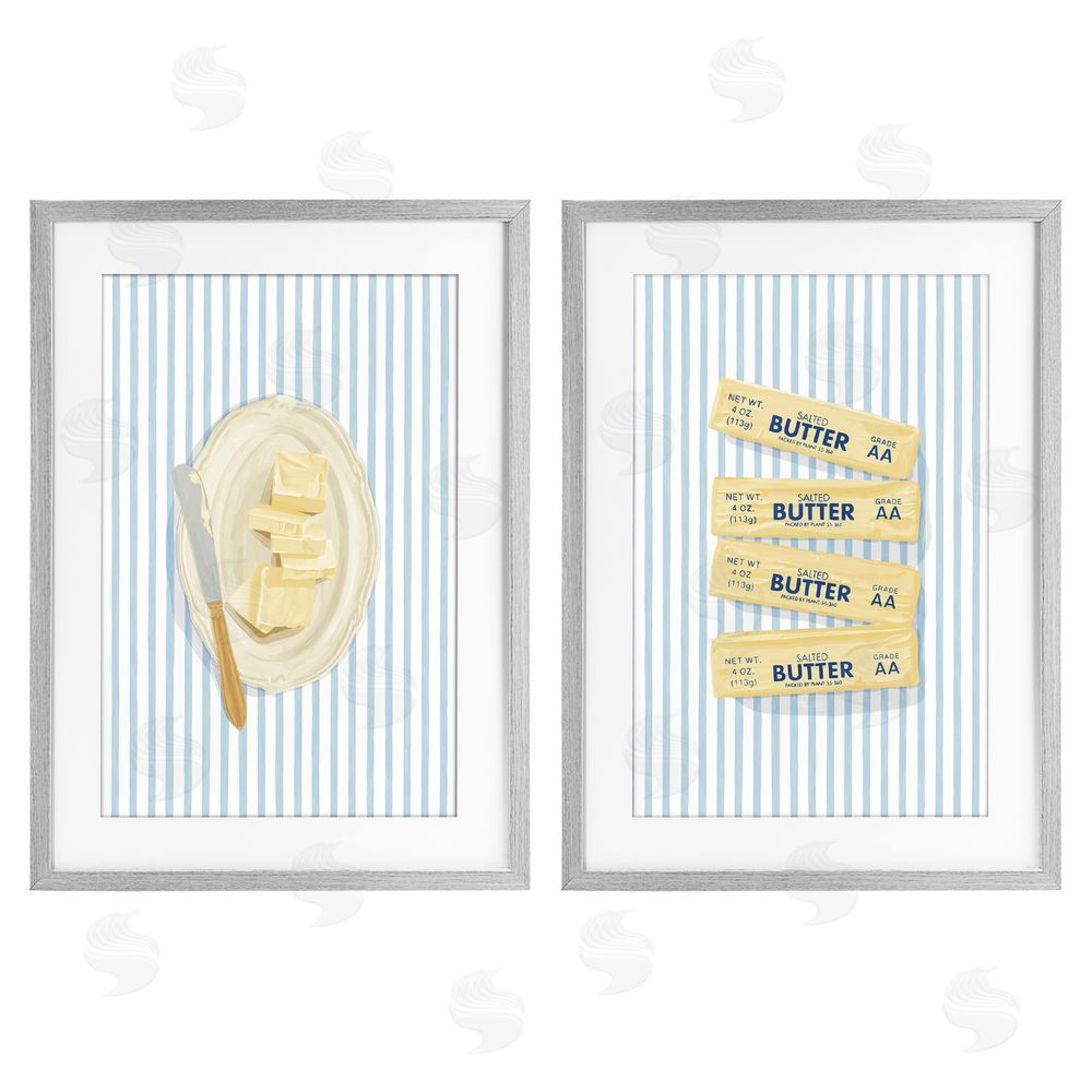 Veronica Lara Butter Dish & Sticks on Stripes Gray Framed Print Under Glass Wall Art