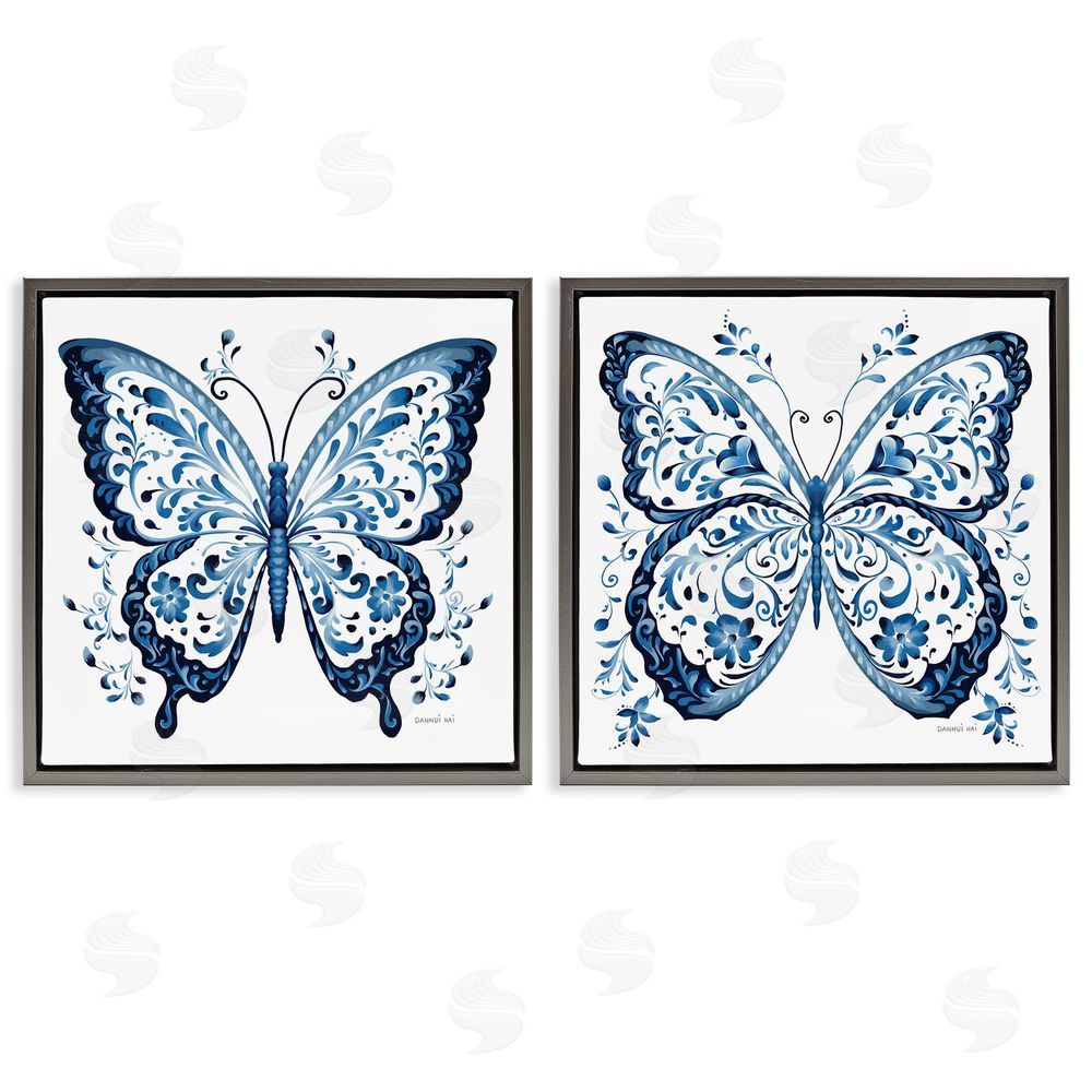 Danhui Nai Bohemian Patterned Butterflies Gray Floating Frame Canvas Wall Art Print