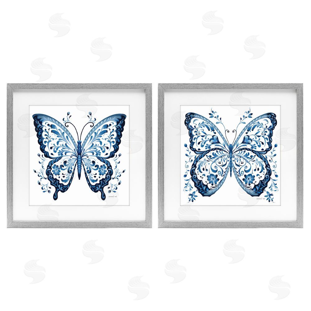 Danhui Nai Bohemian Patterned Butterflies Gray Framed Print Under Glass Wall Art