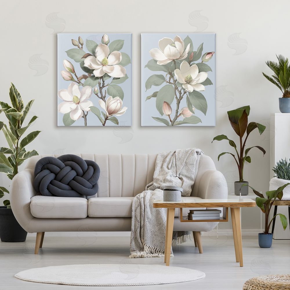 Elizabeth Medley Magnolia Bunches on Soft Blue Stretched Cavas Wall Art Set in Room