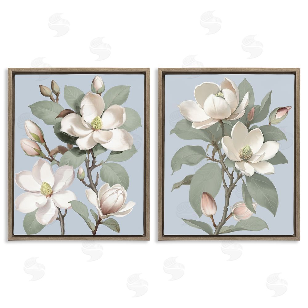 Elizabeth Medley Magnolia Bunches on Soft Blue Brown Floating Frame Canvas Wall Art Print