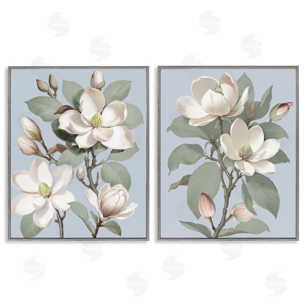 Elizabeth Medley Magnolia Bunches on Soft Blue Gray Framed Giclee Wall Art Print