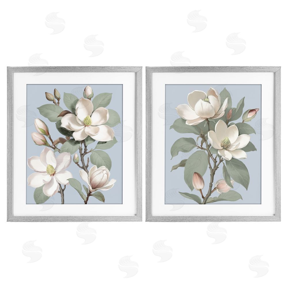 Elizabeth Medley Magnolia Bunches on Soft Blue Gray Framed Print Under Glass Wall Art