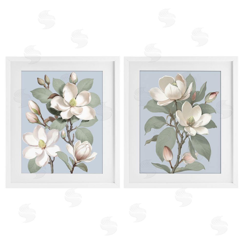 Elizabeth Medley Magnolia Bunches on Soft Blue White Framed Print Under Glass Wall Art