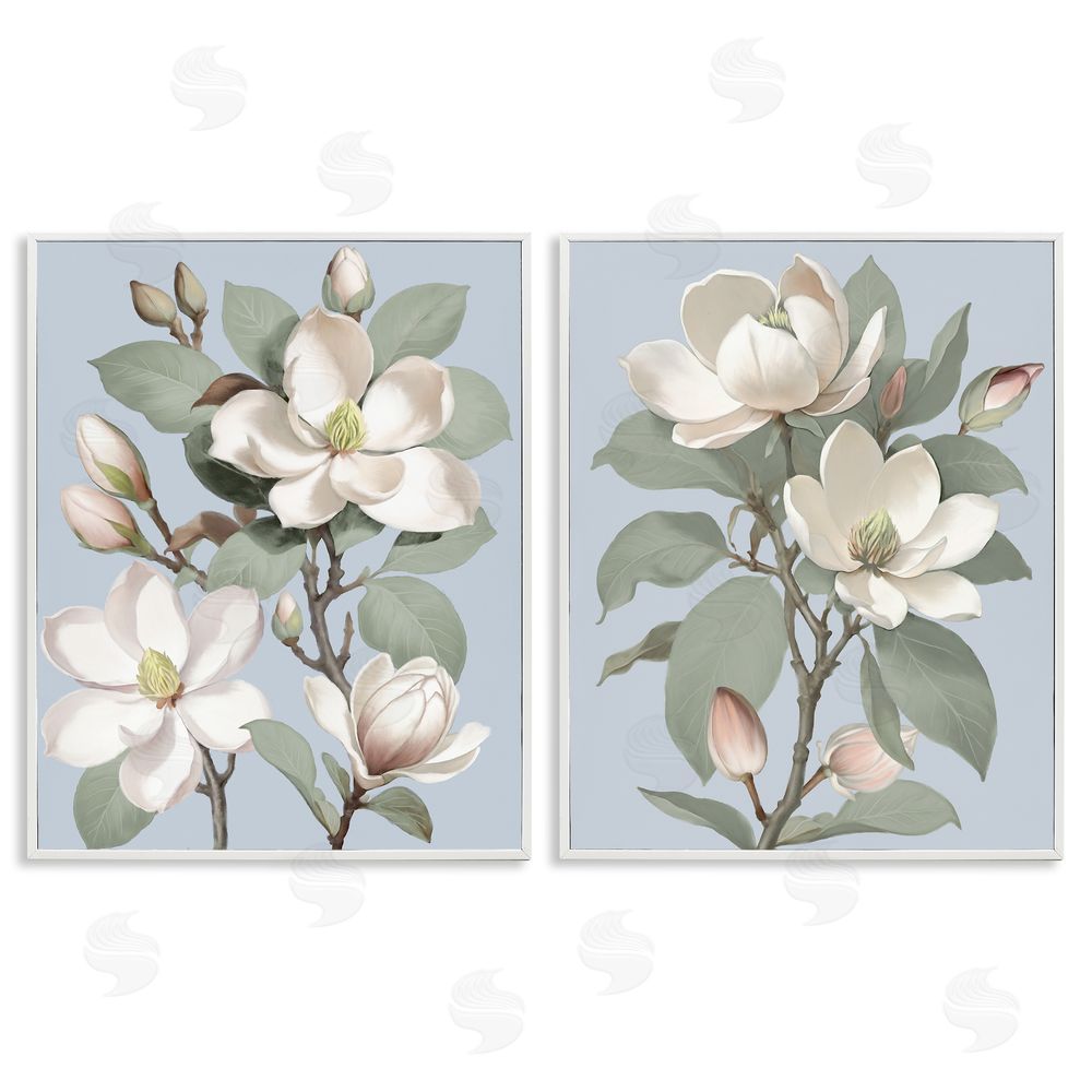 Elizabeth Medley Magnolia Bunches on Soft Blue White Framed Giclee Wall Art Print