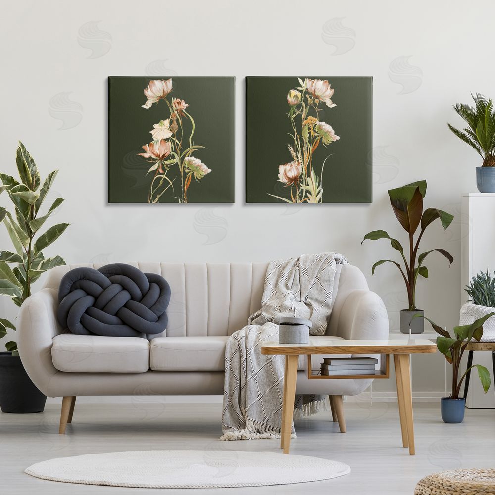 Liz Jardine Botanical Branch over Olive Stretched Cavas Wall Art Set in Room