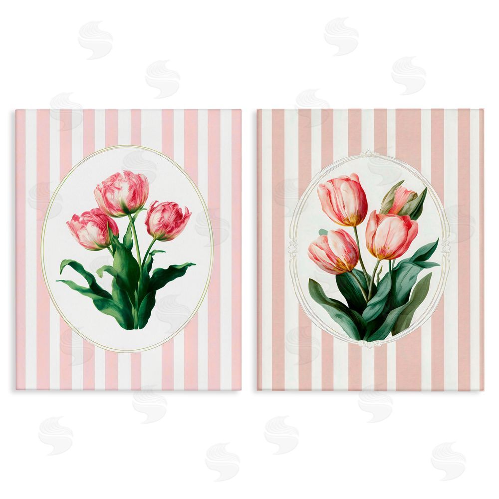 Ink Drop Loft Blush Tulips on Stripes Stretched Canvas Wall Art Print