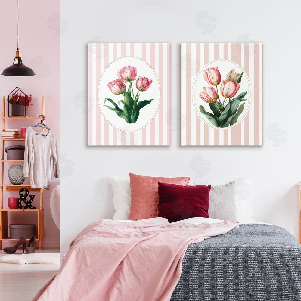Ink Drop Loft Blush Tulips on Stripes Stretched Canvas Wall Art Print in Room