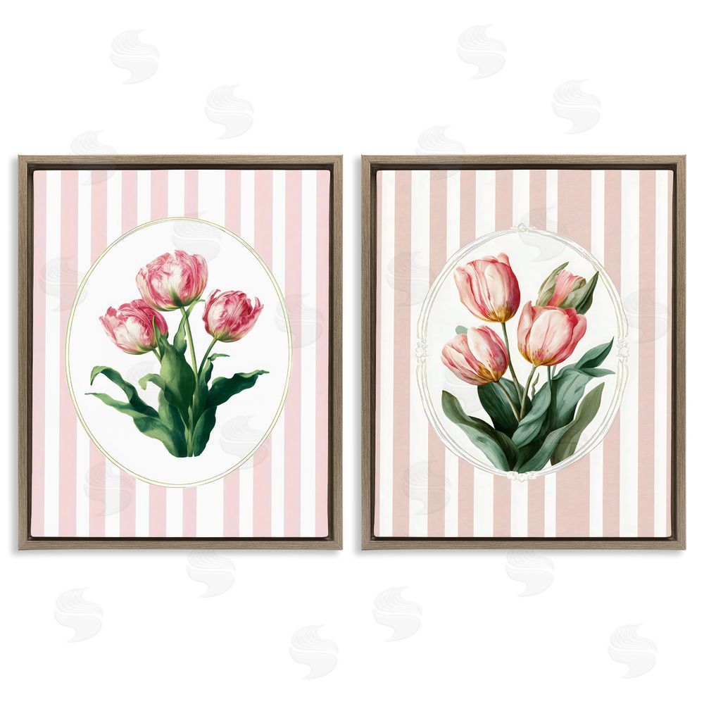Ink Drop Loft Blush Tulips on Stripes Brown Floating Frame Stretched Canvas Wall Art Print