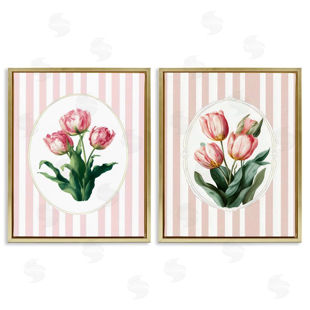 Ink Drop Loft Blush Tulips on Stripes Gold Floating Frame Stretched Canvas Wall Art Print