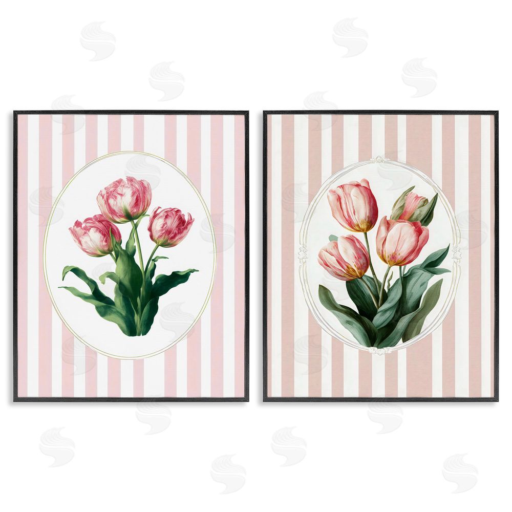 Ink Drop Loft Blush Tulips on Stripes Black Framed Giclee Wall Art Print