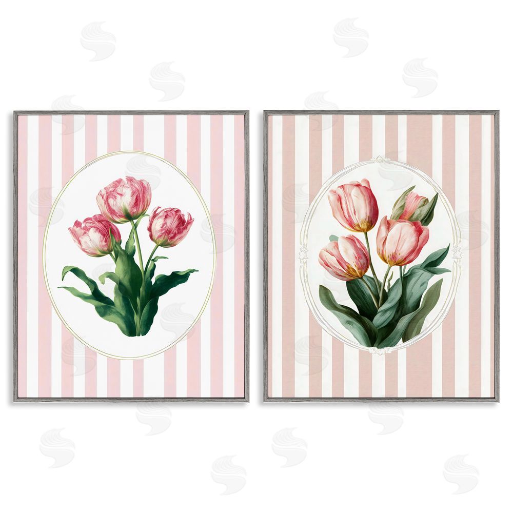 Ink Drop Loft Blush Tulips on Stripes Gray Framed Giclee Wall Art Print