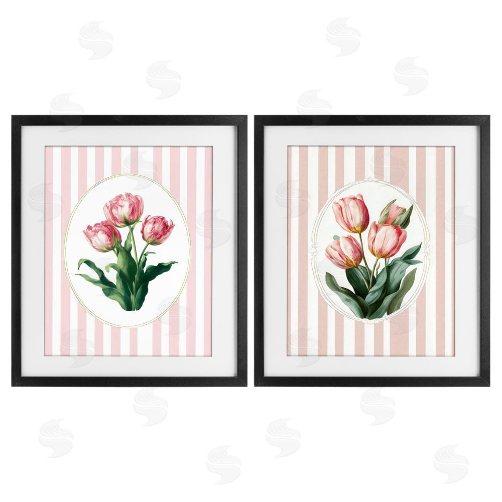 Ink Drop Loft Blush Tulips on Stripes Black Framed Print Under Glass with Matting Wall Art