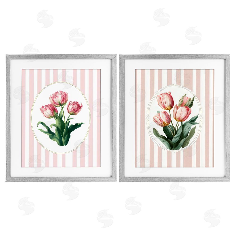 Ink Drop Loft Blush Tulips on Stripes Gray Framed Print Under Glass with Matting Wall Art