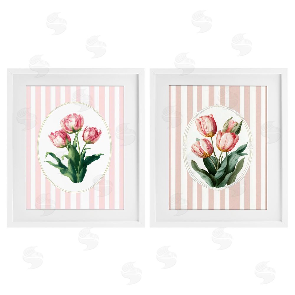 Ink Drop Loft Blush Tulips on Stripes White Framed Print Under Glass with Matting Wall Art