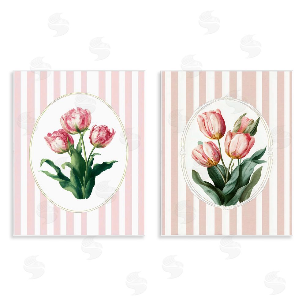 Ink Drop Loft Blush Tulips on Stripes Wall Plaque Art Print with White Foil Wrap