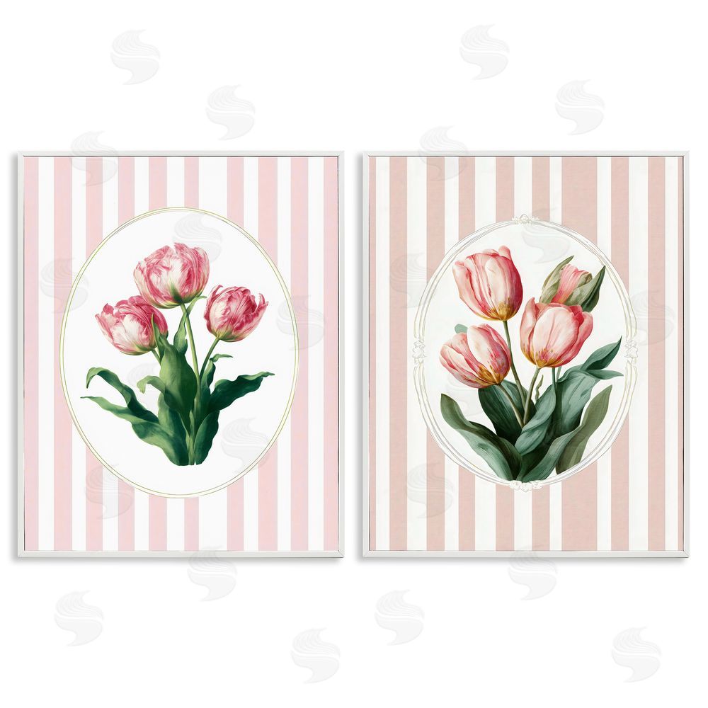 Ink Drop Loft Blush Tulips on Stripes White Framed Giclee Wall Art Print