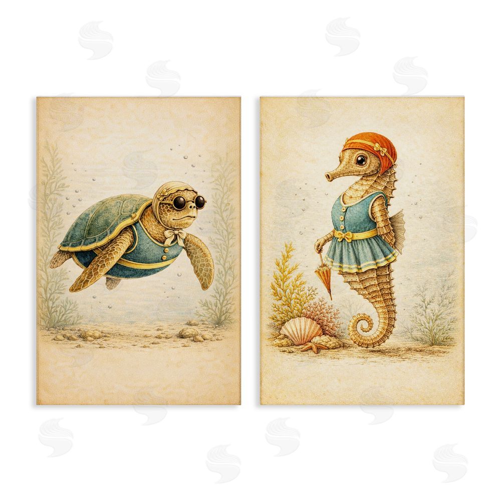 Grotto Studios Vintage Maritime Bathing Animals Stretched Canvas Wall Art Print