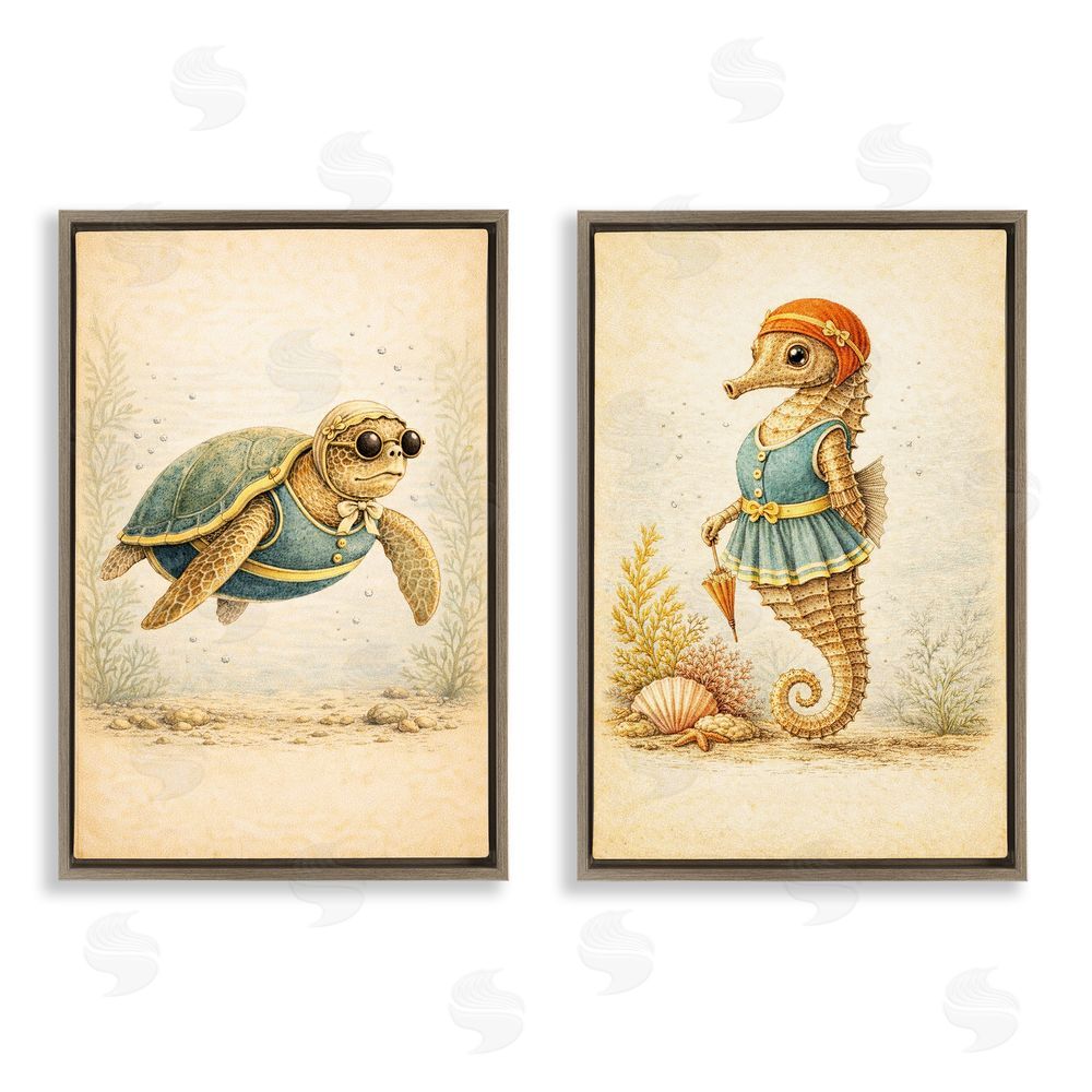 Grotto Studios Vintage Maritime Bathing Animals Brown Floating Framed Canvas Wall Art Print