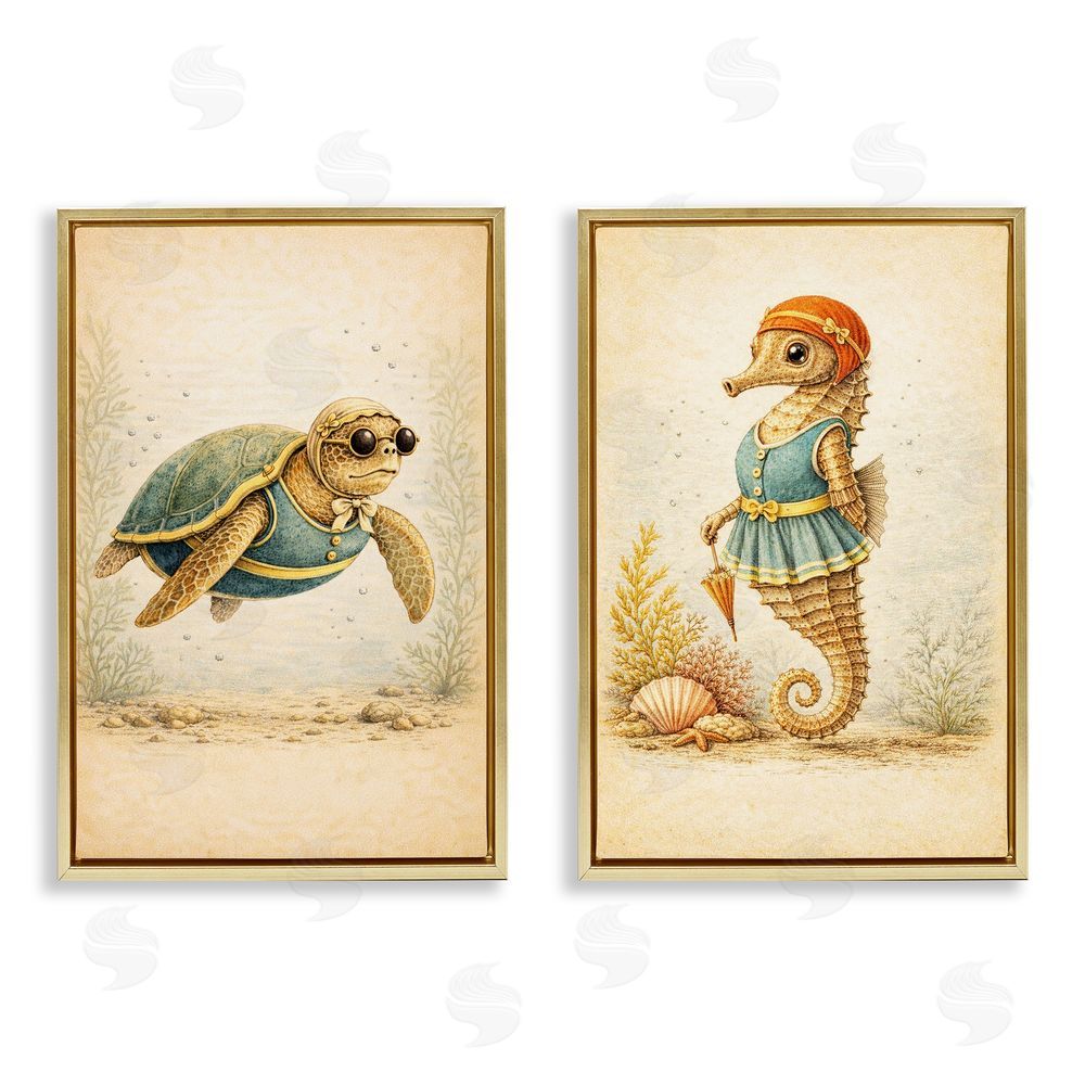 Grotto Studios Vintage Maritime Bathing Animals Gold Floating Framed Canvas Wall Art Print