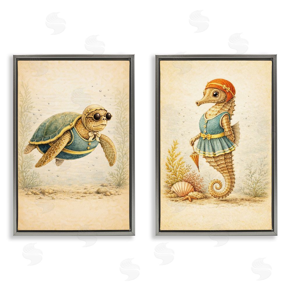 Grotto Studios Vintage Maritime Bathing Animals Gray Floating Framed Canvas Wall Art Print