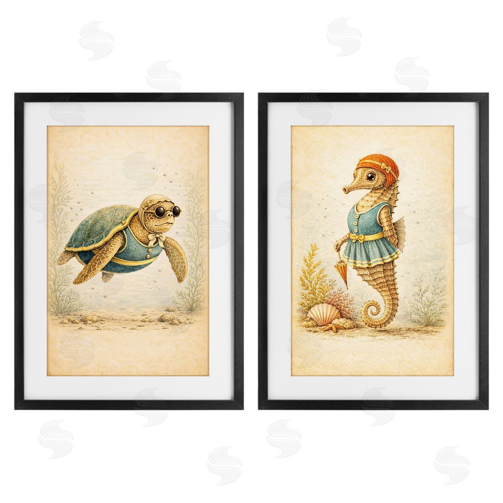 Grotto Studios Vintage Maritime Bathing Animals Black Framed Print Under Glass with White Mat Wall Art