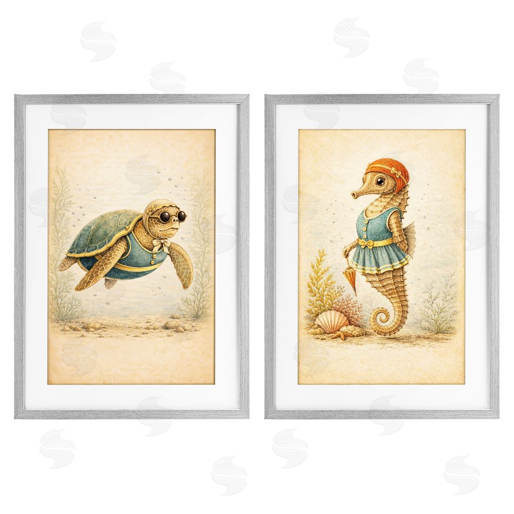 Grotto Studios Vintage Maritime Bathing Animals Gray Framed Print Under Glass with White Mat Wall Art
