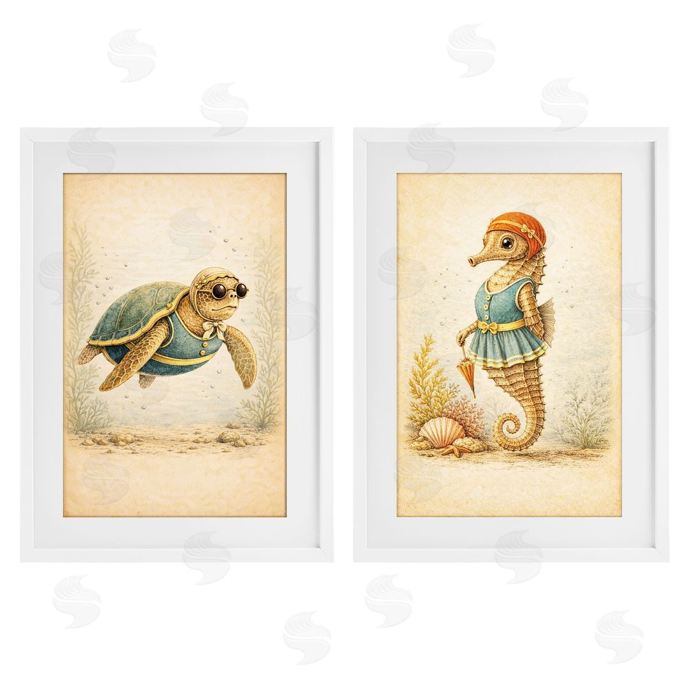 Grotto Studios Vintage Maritime Bathing Animals White Framed Print Under Glass with White Mat Wall Art