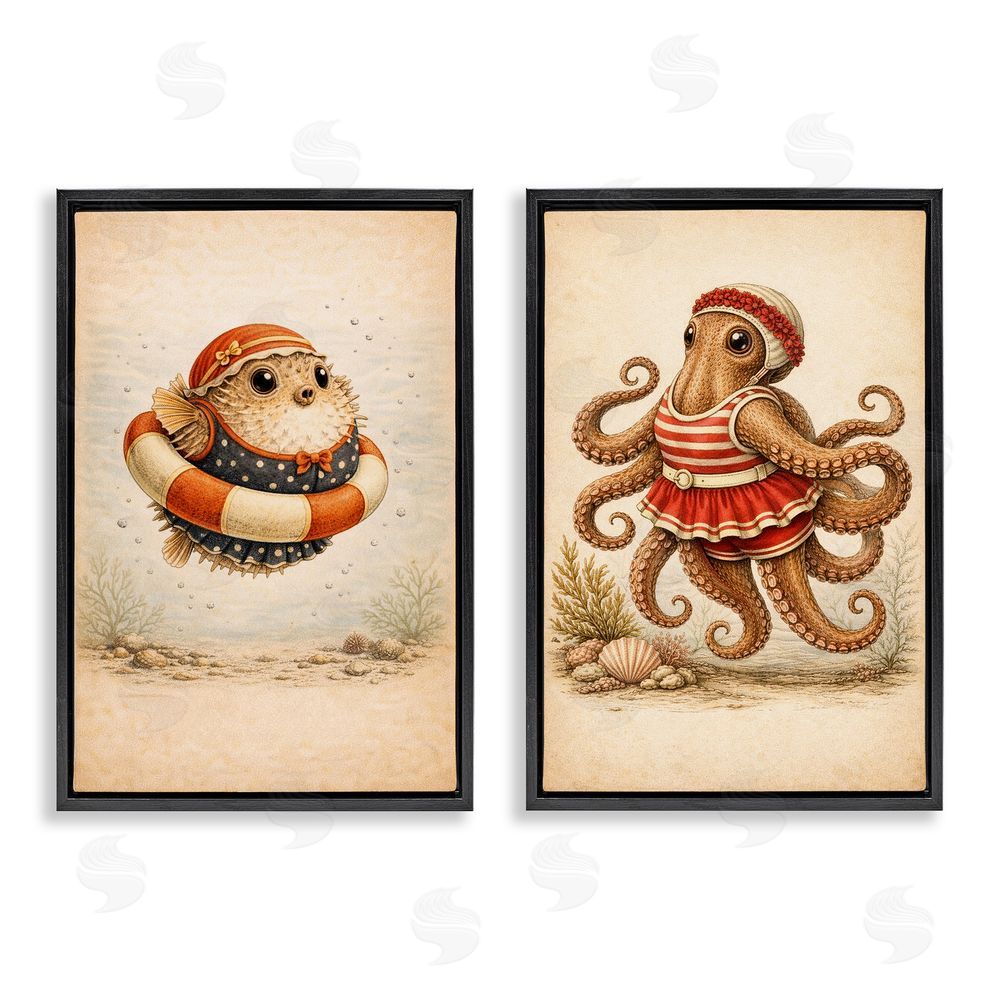 Grotto Studios Vintage Maritime Bathing Creatures Black Floating Framed Canvas Wall Art Print