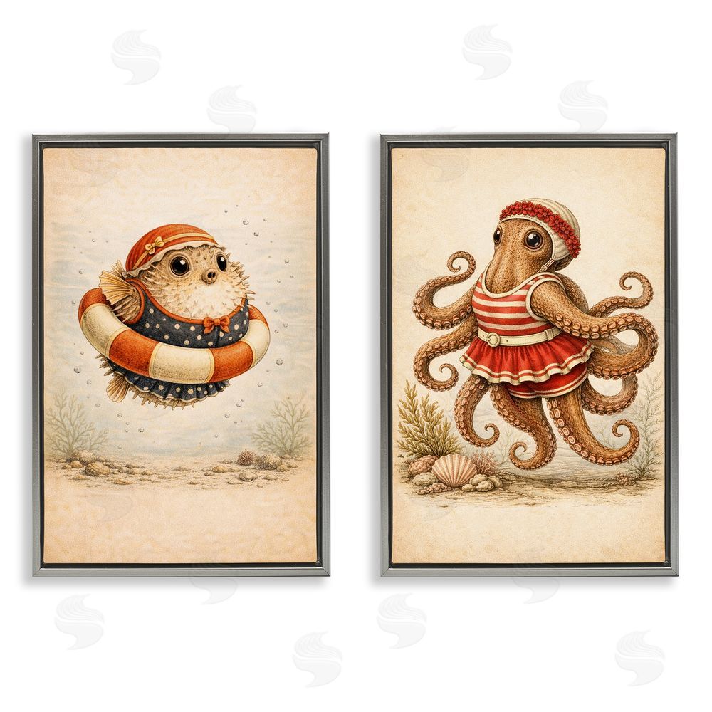 Grotto Studios Vintage Maritime Bathing Creatures Gray Floating Framed Canvas Wall Art Print