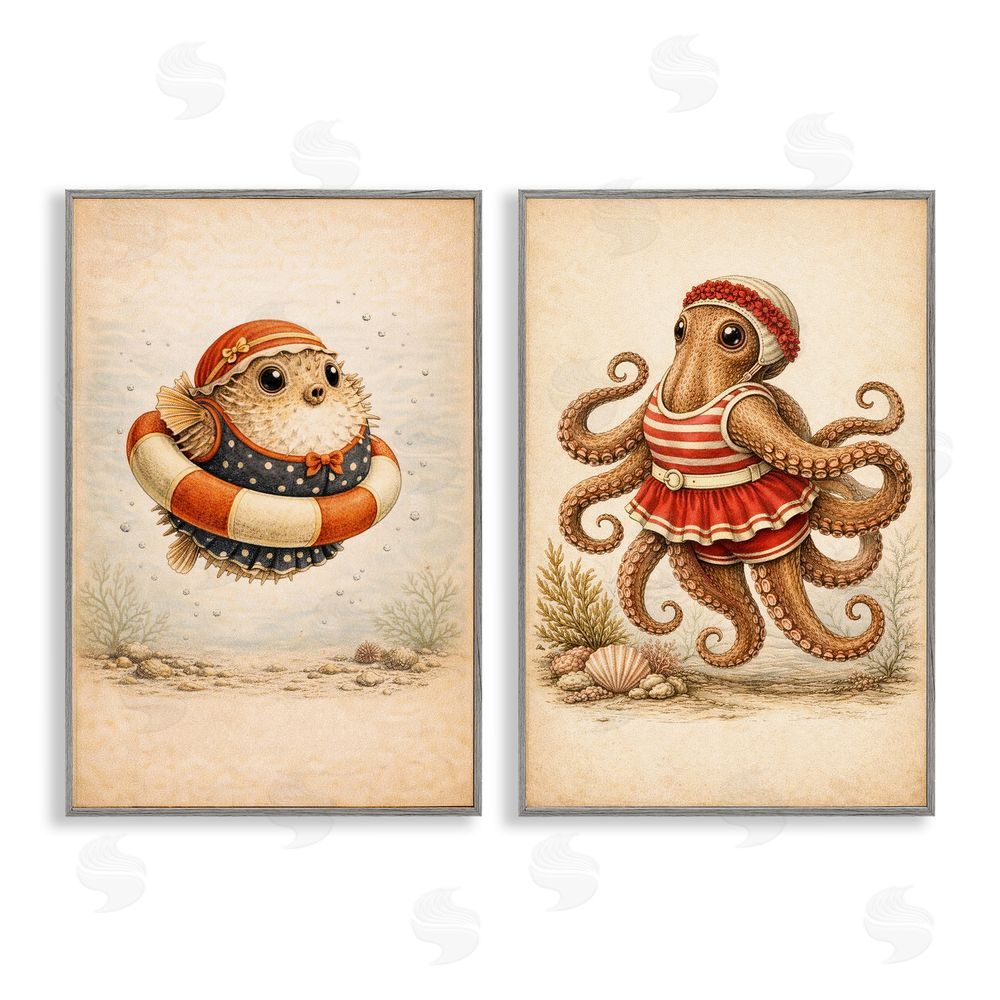 Grotto Studios Vintage Maritime Bathing Creatures Gray Framed Giclee Wall Art Print