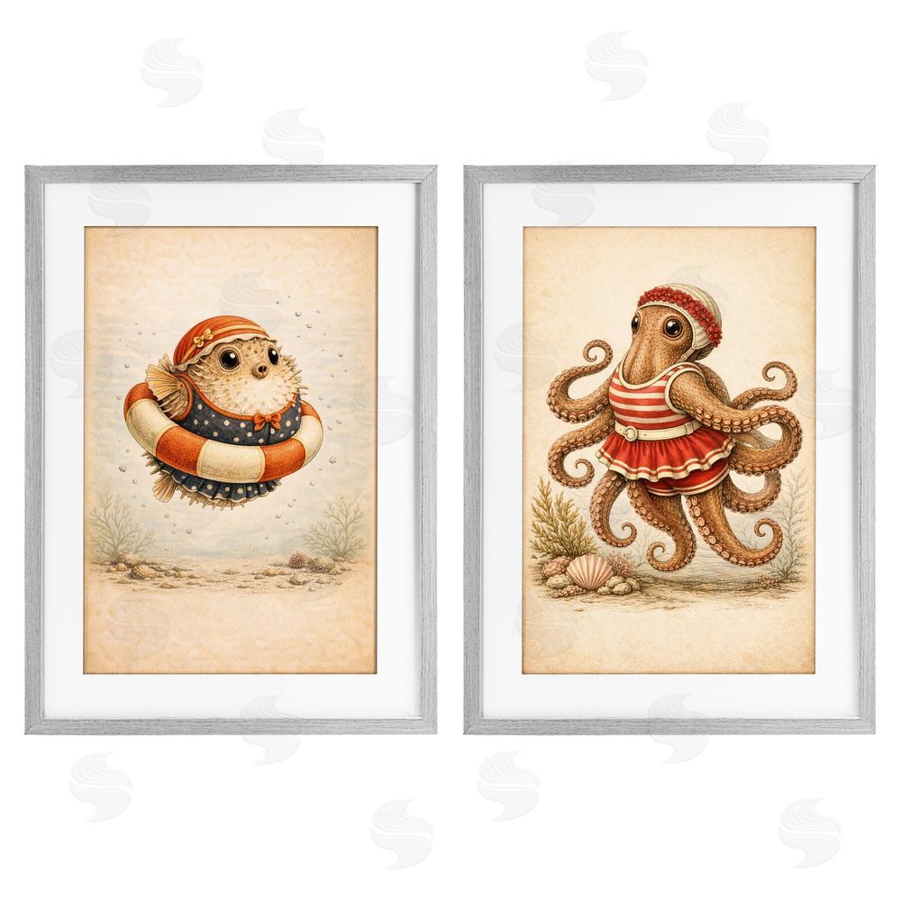 Grotto Studios Vintage Maritime Bathing Creatures Gray Framed Print Under Glass with White Mat Wall Art