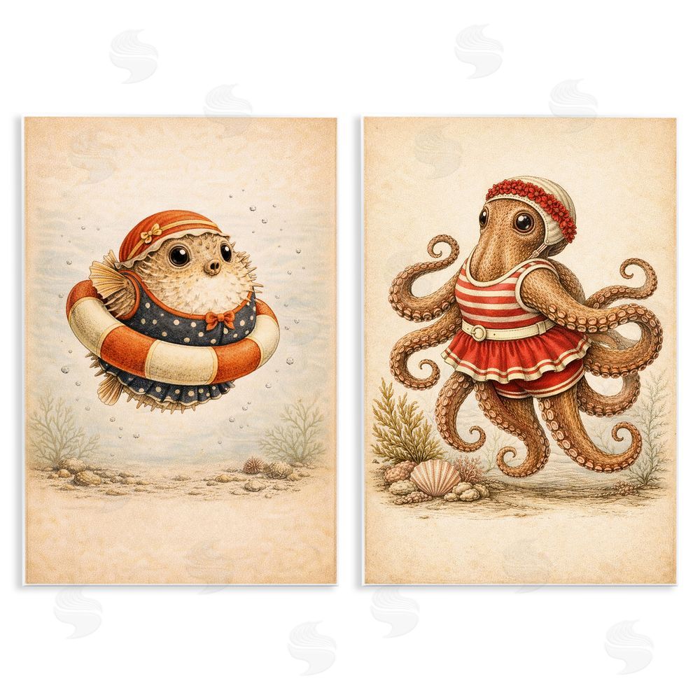 Grotto Studios Vintage Maritime Bathing Creatures Wall Plaque Printed Art