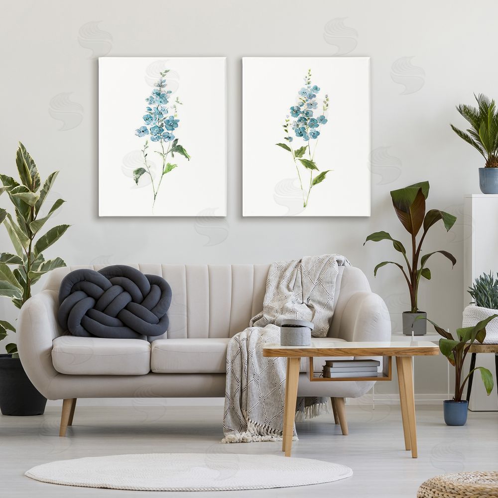 Sally Swatland Blue Watercolor Sprigs Stretched Canvas Wall Art Print in Room