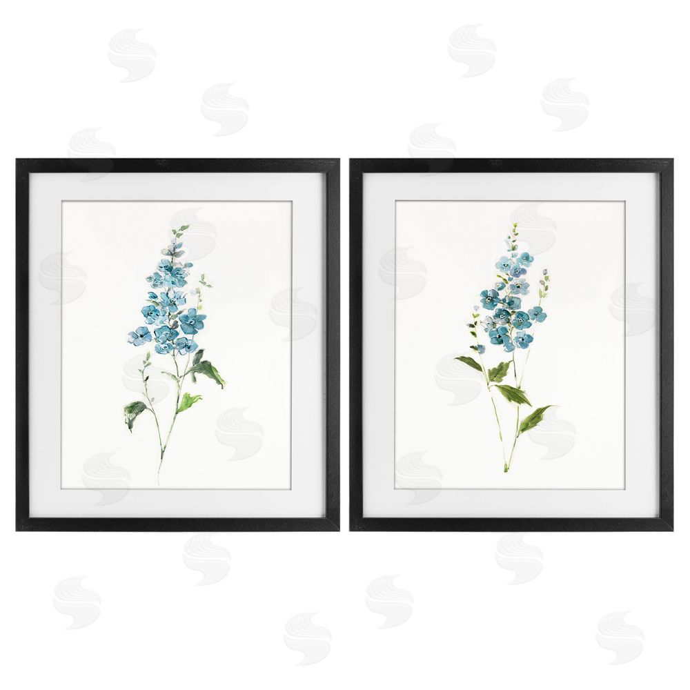 Sally Swatland Blue Watercolor Sprigs Black Framed Print Under Glass with Matting Wall Art