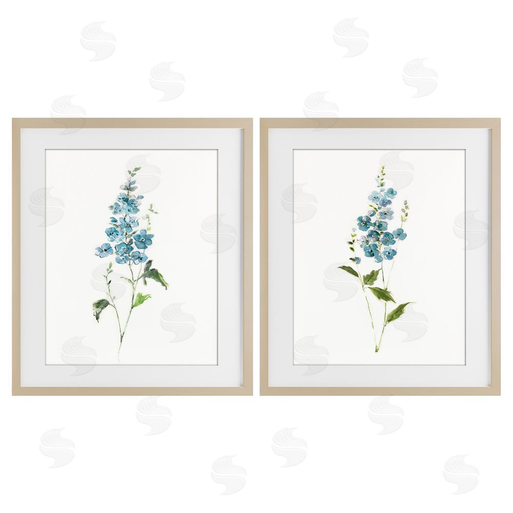 Sally Swatland Blue Watercolor Sprigs Brown Framed Print Under Glass with Matting Wall Art